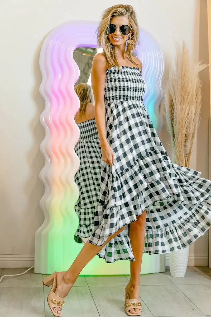 BiBi Smocked Body Off Shoulder Check Dress for Women - Love Salve